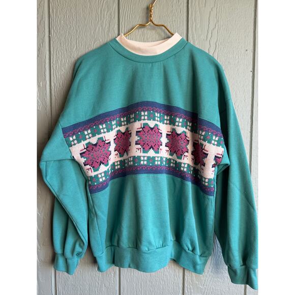 Vintage Geometric Knit Sweatshirt Women’s L USA Made Teal 90s - Picture 1 of 6